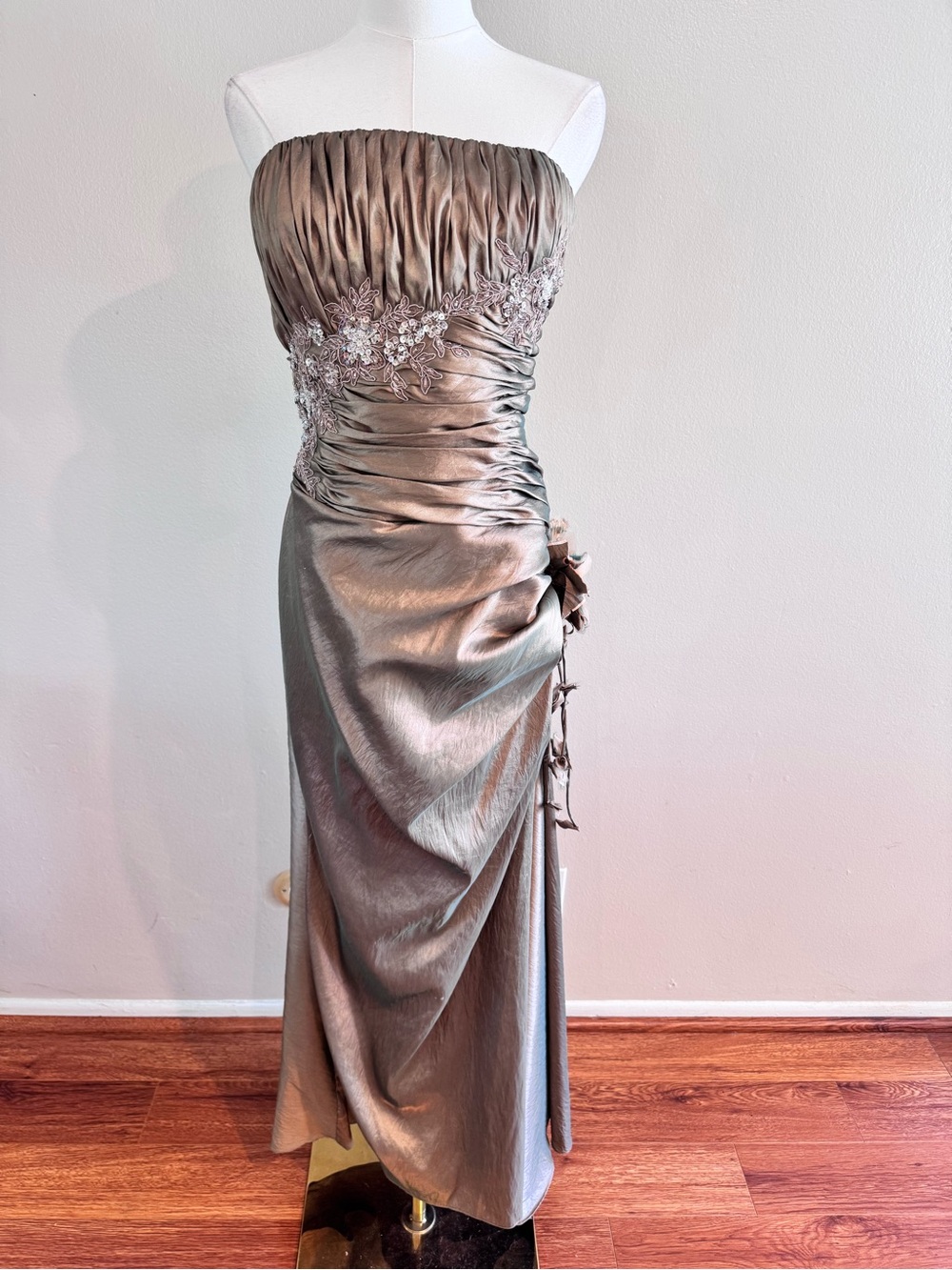 Strapless Ruched Satin Evening Dress in Taupe